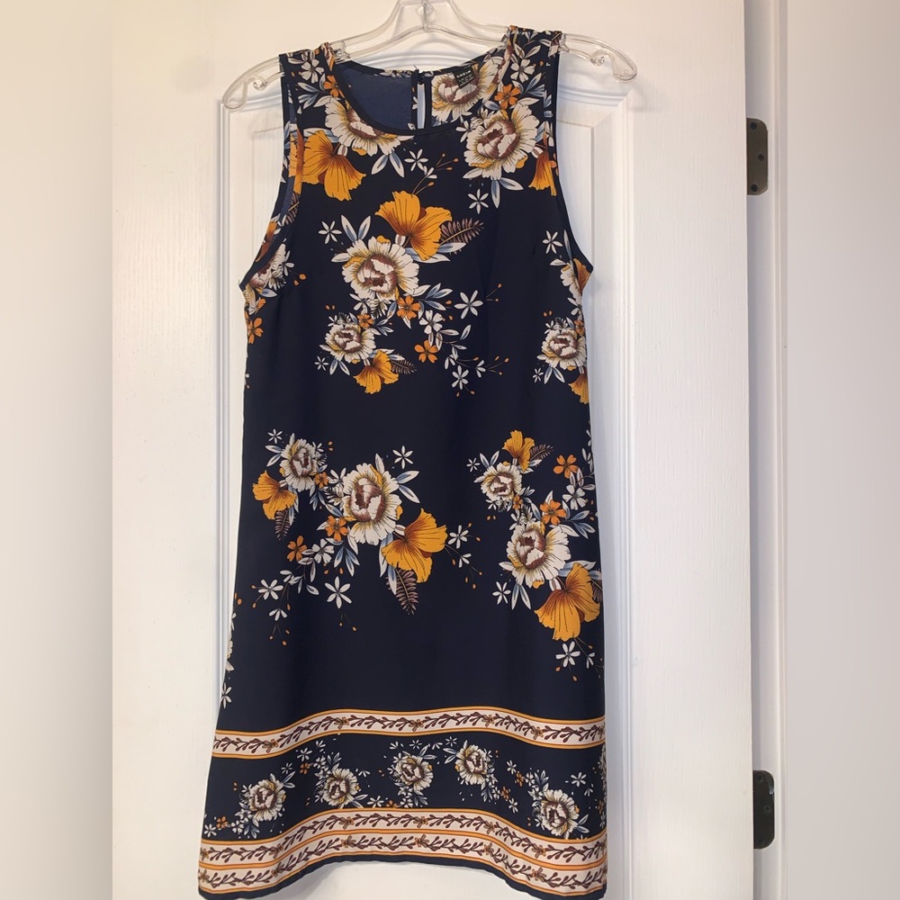 SHEIN Navy Floral Sleeveless Shift Dress with Mustard Accents